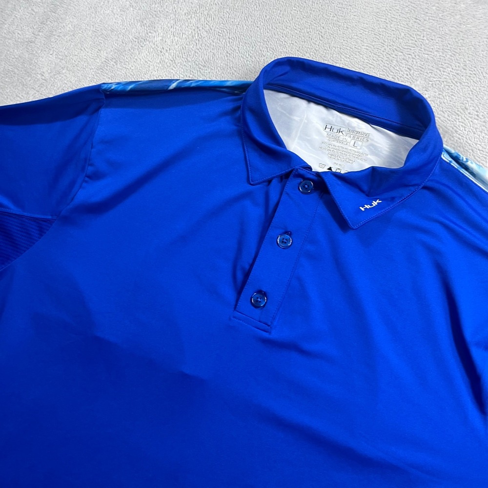 Huk Mens Blue Marlin Graphic Performance Fishing Polo Shirt Large Short Sleeve